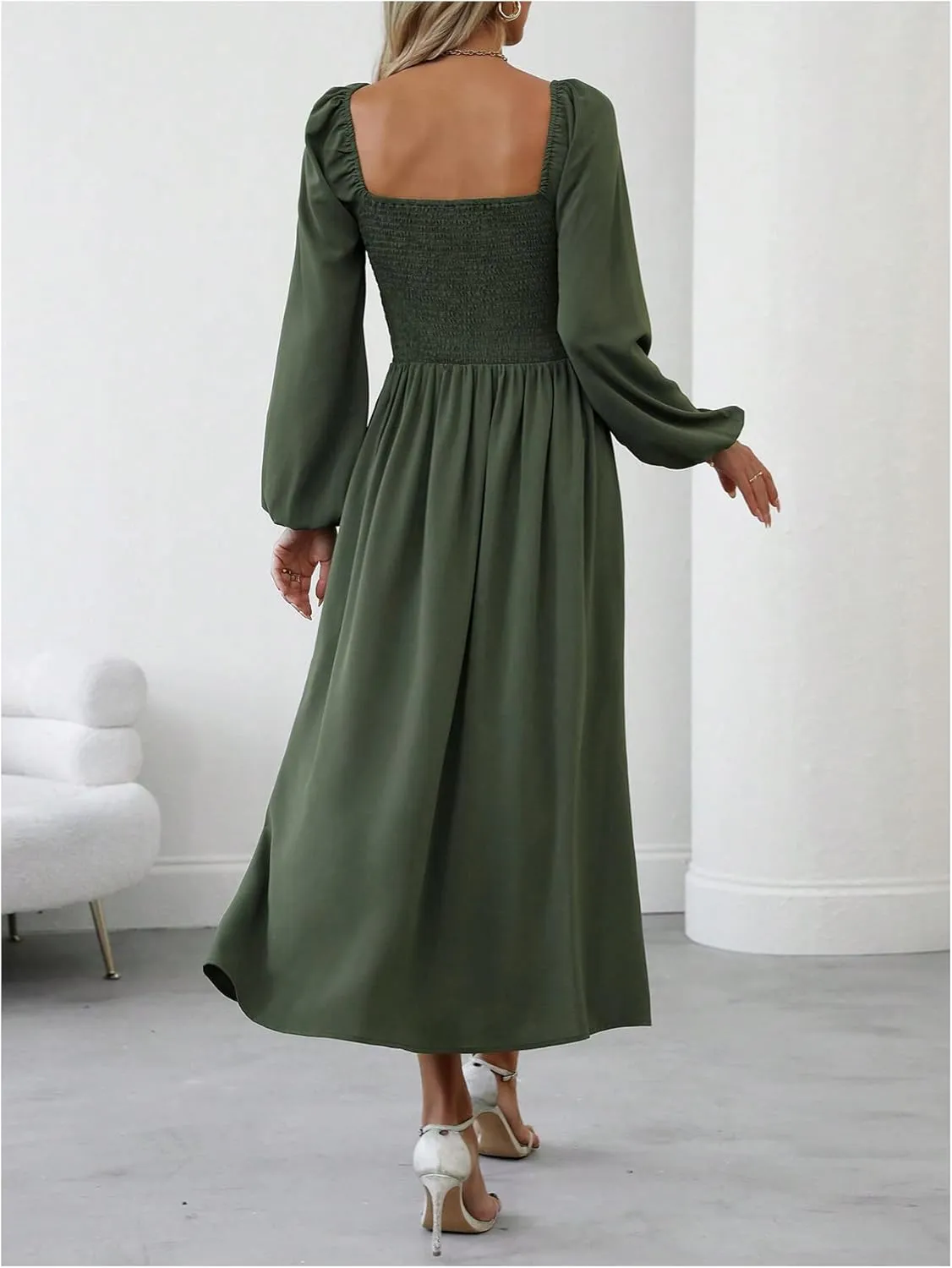 Floerns Women's Square Neck Lantern Long Sleeve Dress Split Ruched Party Midi Dresses
