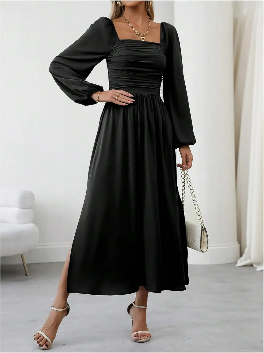 Floerns Women's Square Neck Lantern Long Sleeve Dress Split Ruched Party Midi Dresses