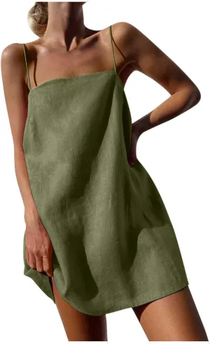 for Ladies Fall Summer Sleeveless Spaghetti Strap Off Shoulder Linen Mini Short Loose Fit Basic Dresses Women 2025