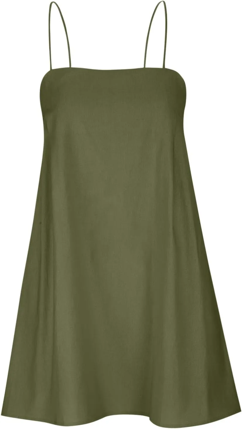 for Ladies Fall Summer Sleeveless Spaghetti Strap Off Shoulder Linen Mini Short Loose Fit Basic Dresses Women 2025