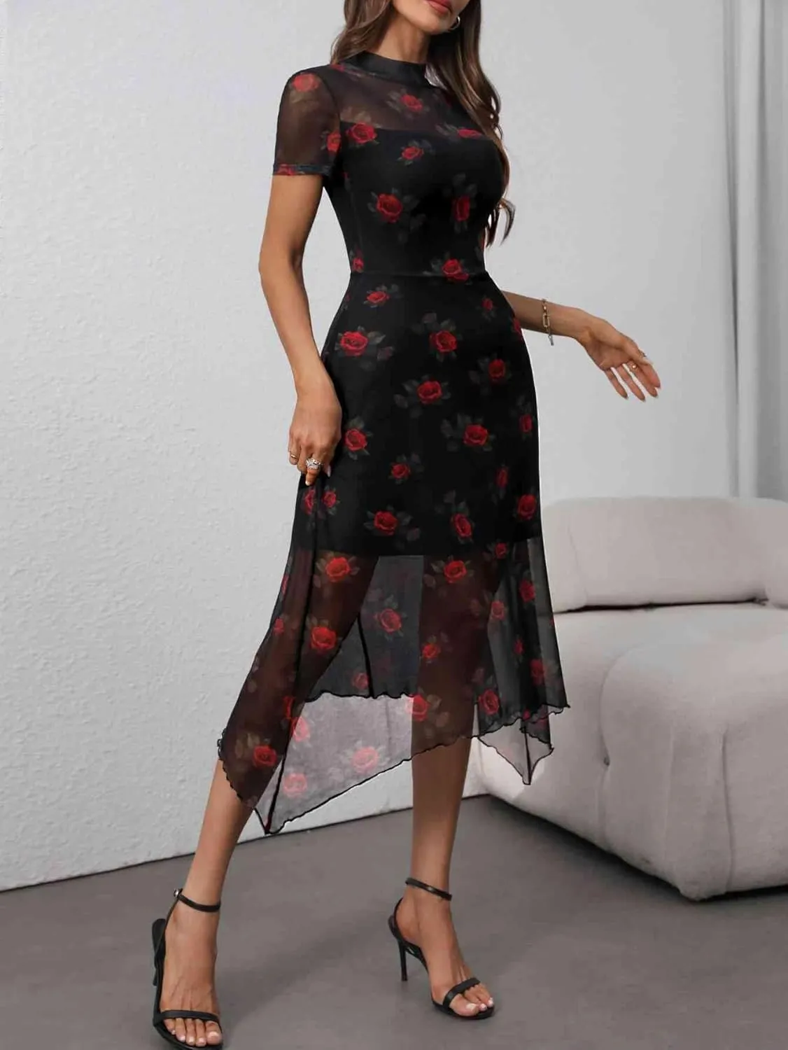 GothDark Women's 2025 Summer Floral Print Vintage Goth Dress Mesh Spliced Double-Layered Irregular Hemline Midi Dress