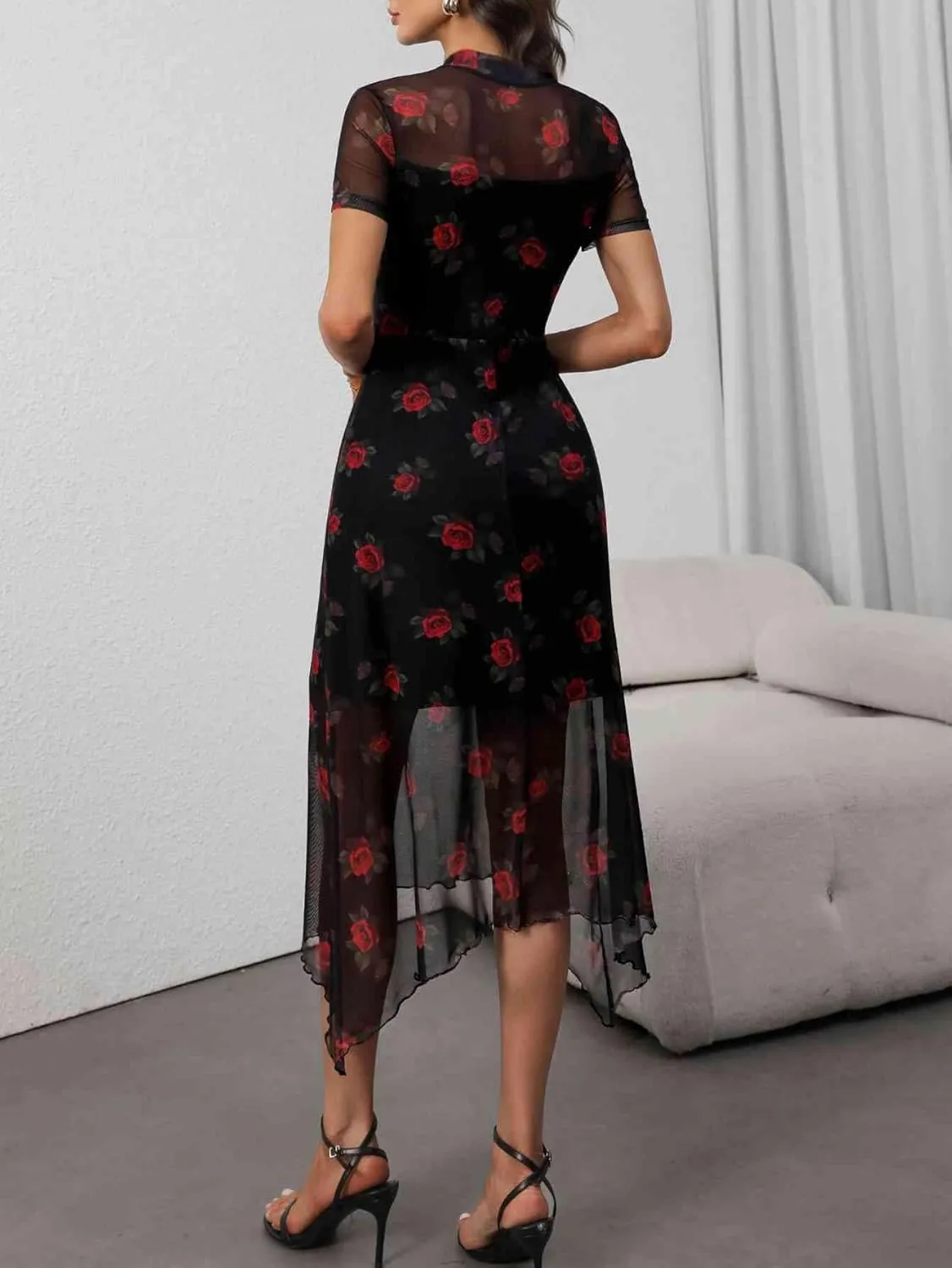 GothDark Women's 2025 Summer Floral Print Vintage Goth Dress Mesh Spliced Double-Layered Irregular Hemline Midi Dress