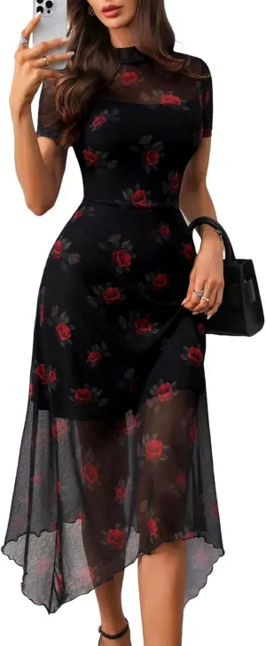GothDark Women's 2025 Summer Floral Print Vintage Goth Dress Mesh Spliced Double-Layered Irregular Hemline Midi Dress