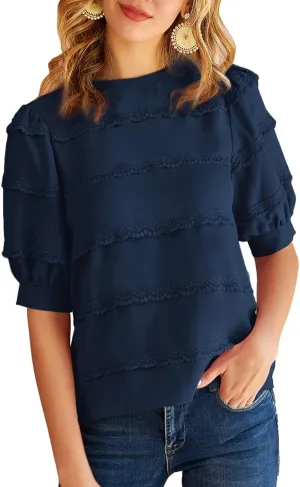 GRACE KARIN Women's Work Business Blouse Casual Puff Short Sleeve Shirts Lace Tops Loose Fit