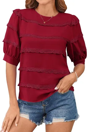 GRACE KARIN Women's Work Business Blouse Casual Puff Short Sleeve Shirts Lace Tops Loose Fit