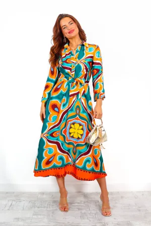 Hottie With Ambition - Orange Green Abstract Print Shirt Dress