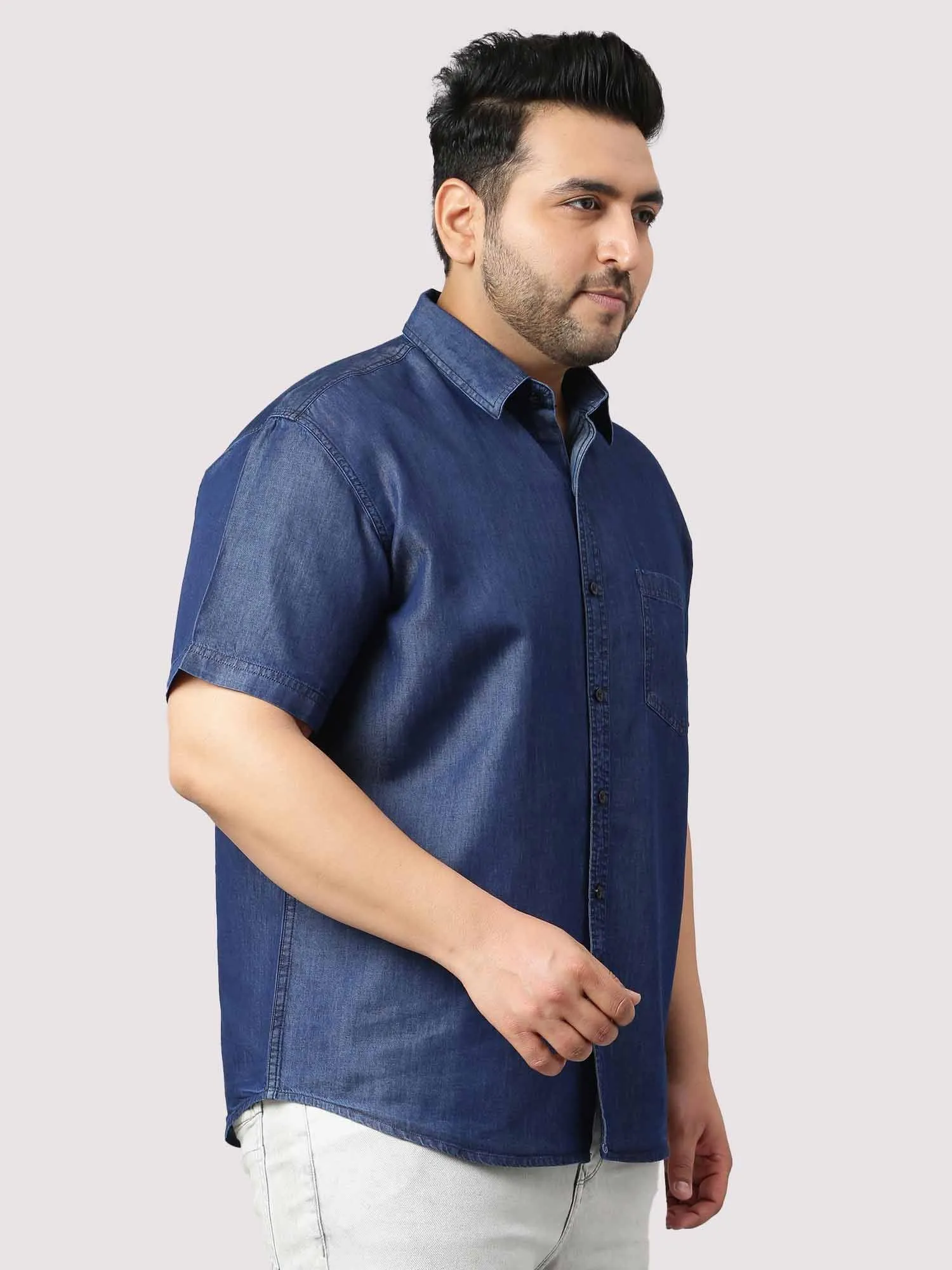 Indigo Denim Single Pocket Half Sleeve Shirt Men's Plus Size