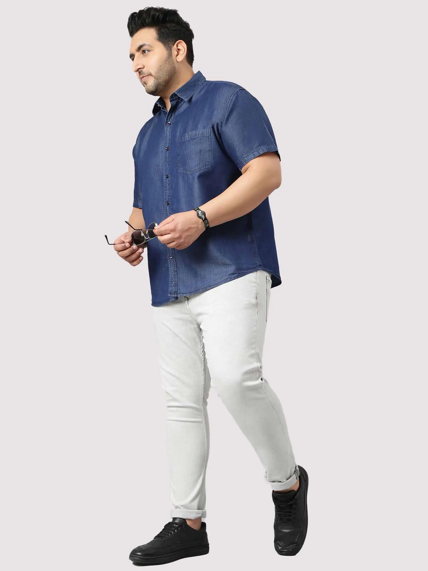 Indigo Denim Single Pocket Half Sleeve Shirt Men's Plus Size