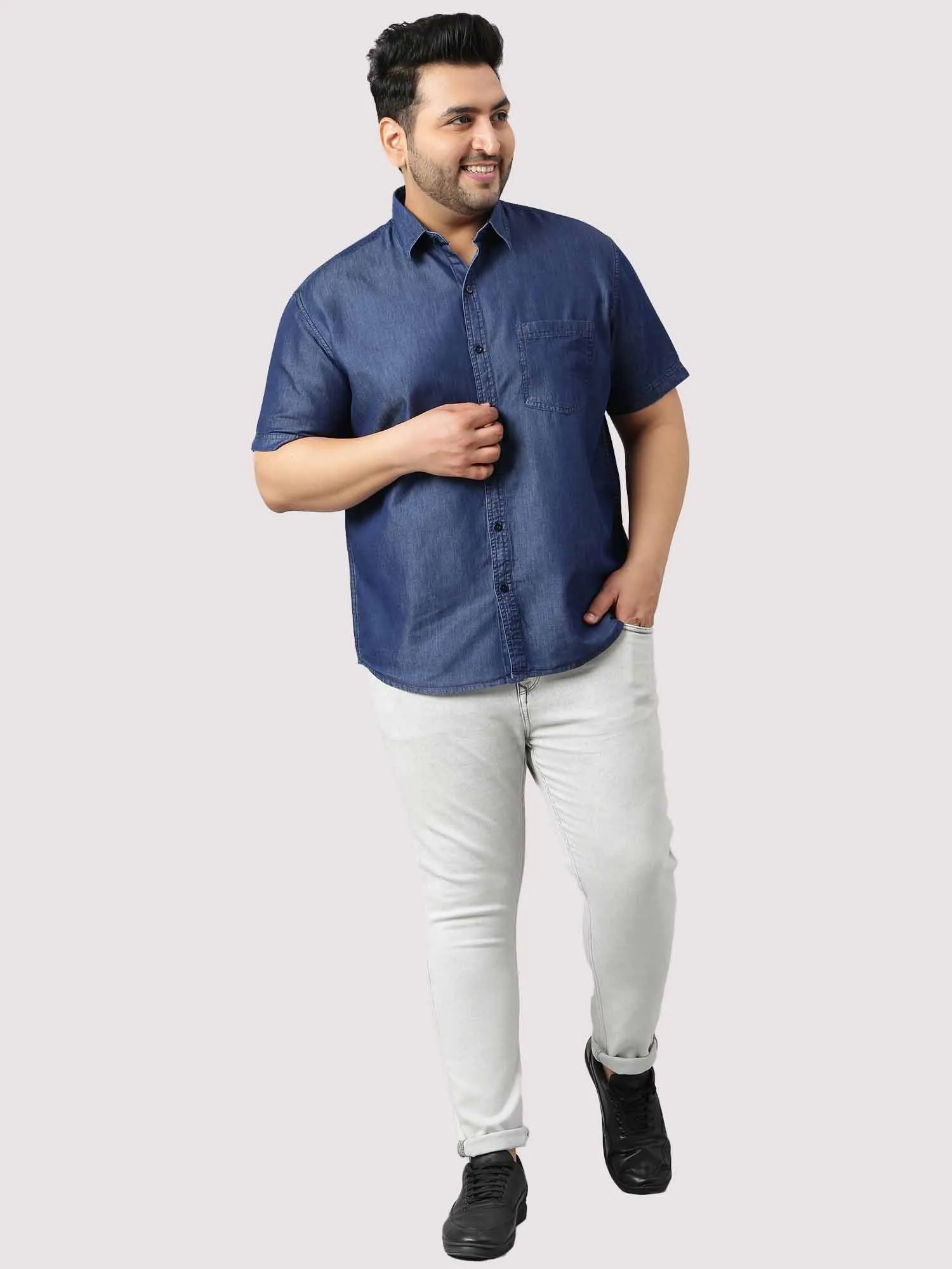 Indigo Denim Single Pocket Half Sleeve Shirt Men's Plus Size