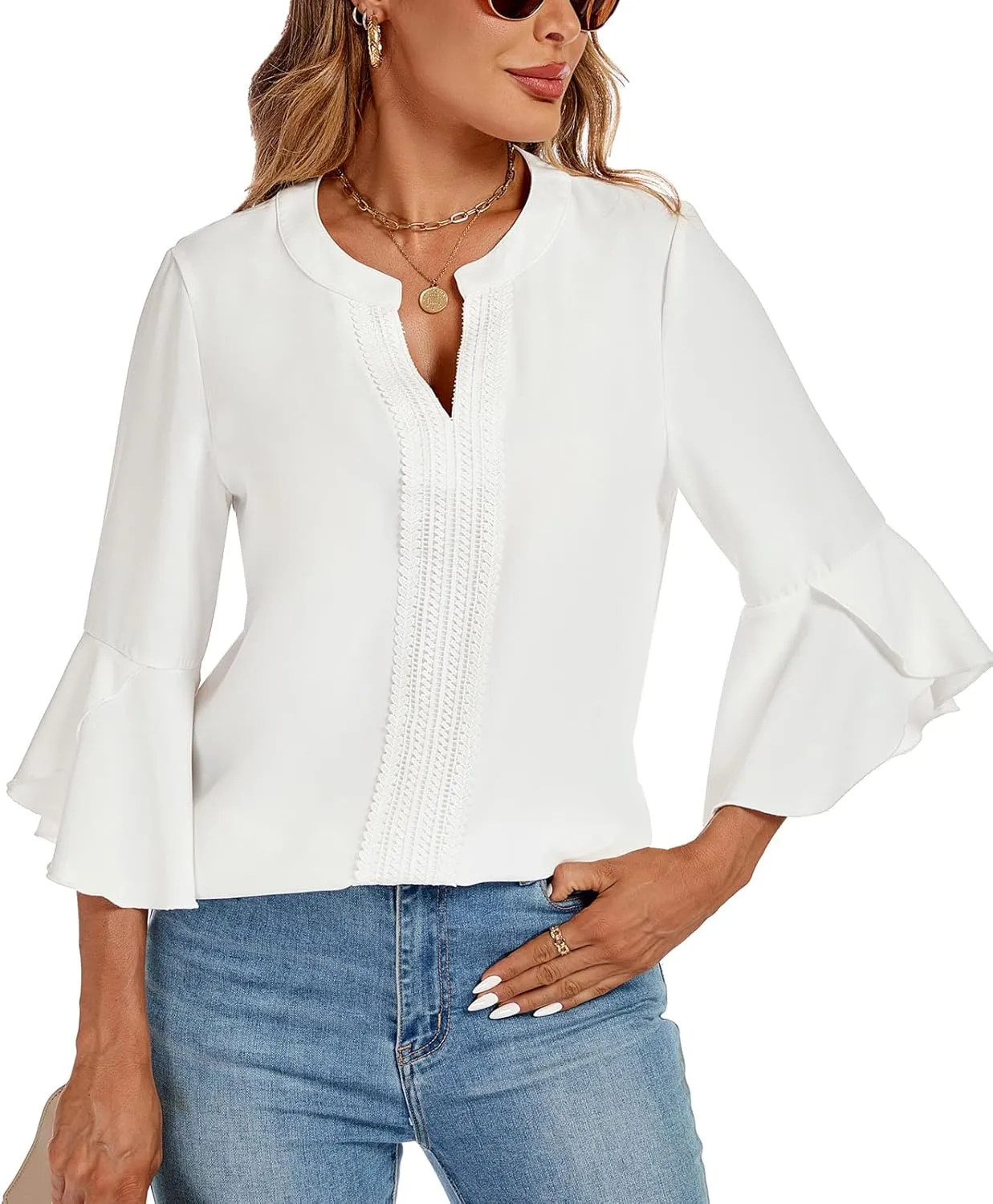 jonivey Womens Dressy Casual Blouses 3/4 Bell Ruffle Sleeve V Neck Business Lace Tops Ladies Trendy Work Shirts