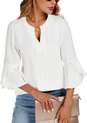 jonivey Womens Dressy Casual Blouses 3/4 Bell Ruffle Sleeve V Neck Business Lace Tops Ladies Trendy Work Shirts