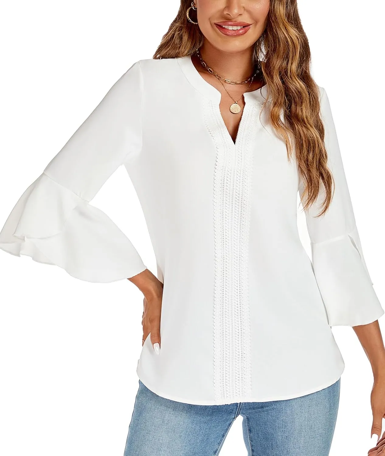 jonivey Womens Dressy Casual Blouses 3/4 Bell Ruffle Sleeve V Neck Business Lace Tops Ladies Trendy Work Shirts