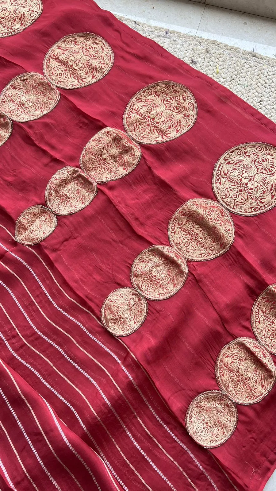 Maroon organza striped saree with banarasi blouse