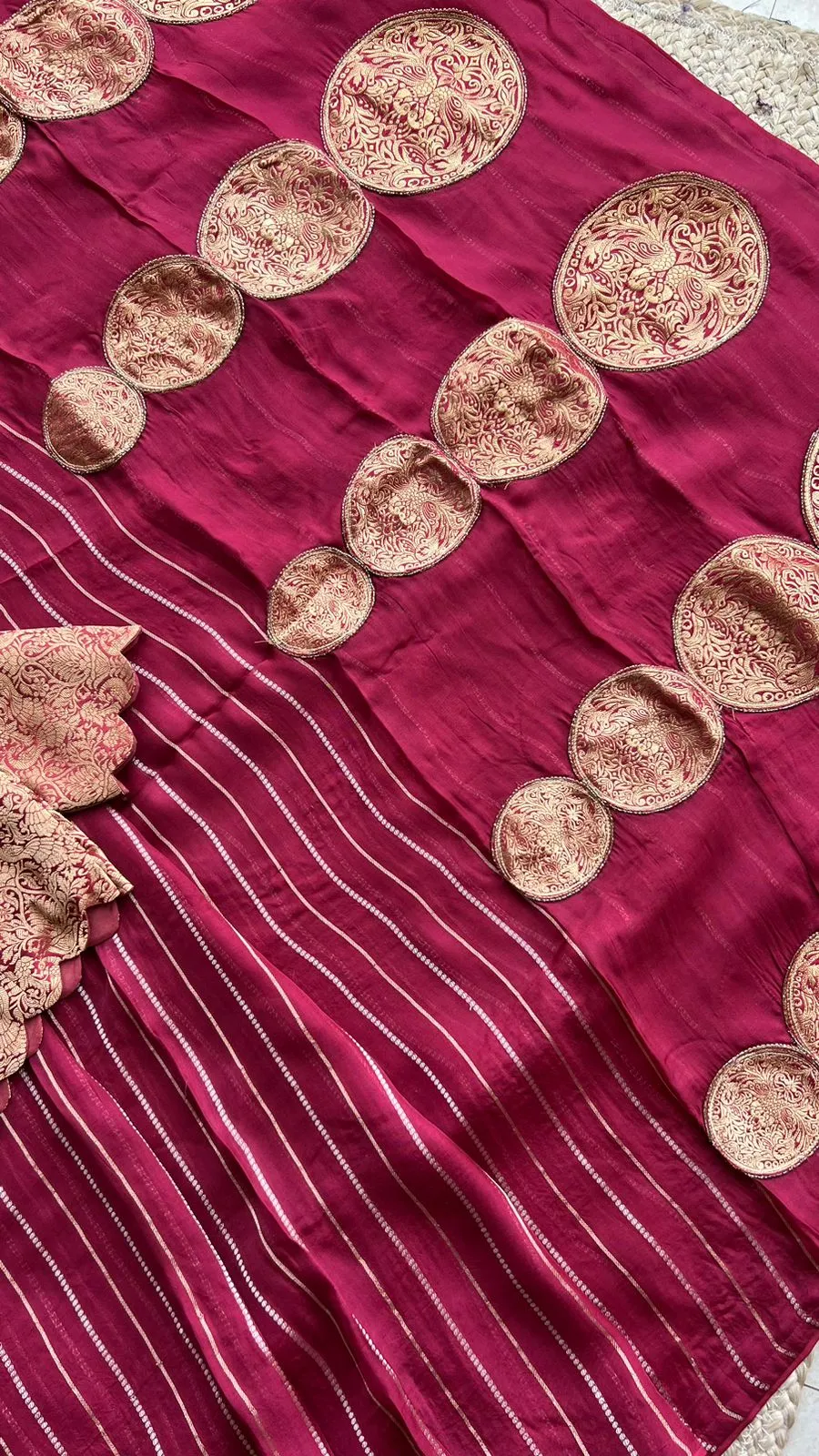 Maroon organza striped saree with banarasi blouse