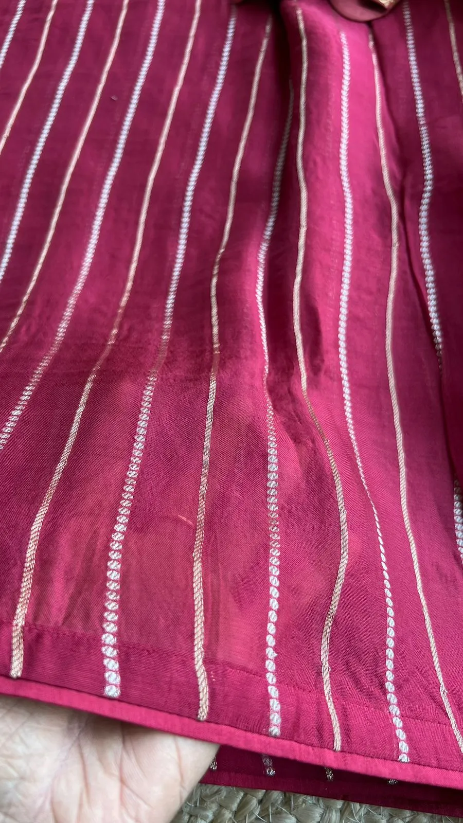 Maroon organza striped saree with banarasi blouse