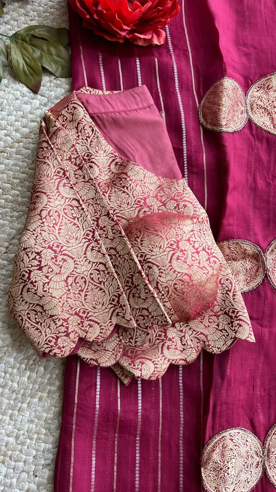 Maroon organza striped saree with banarasi blouse