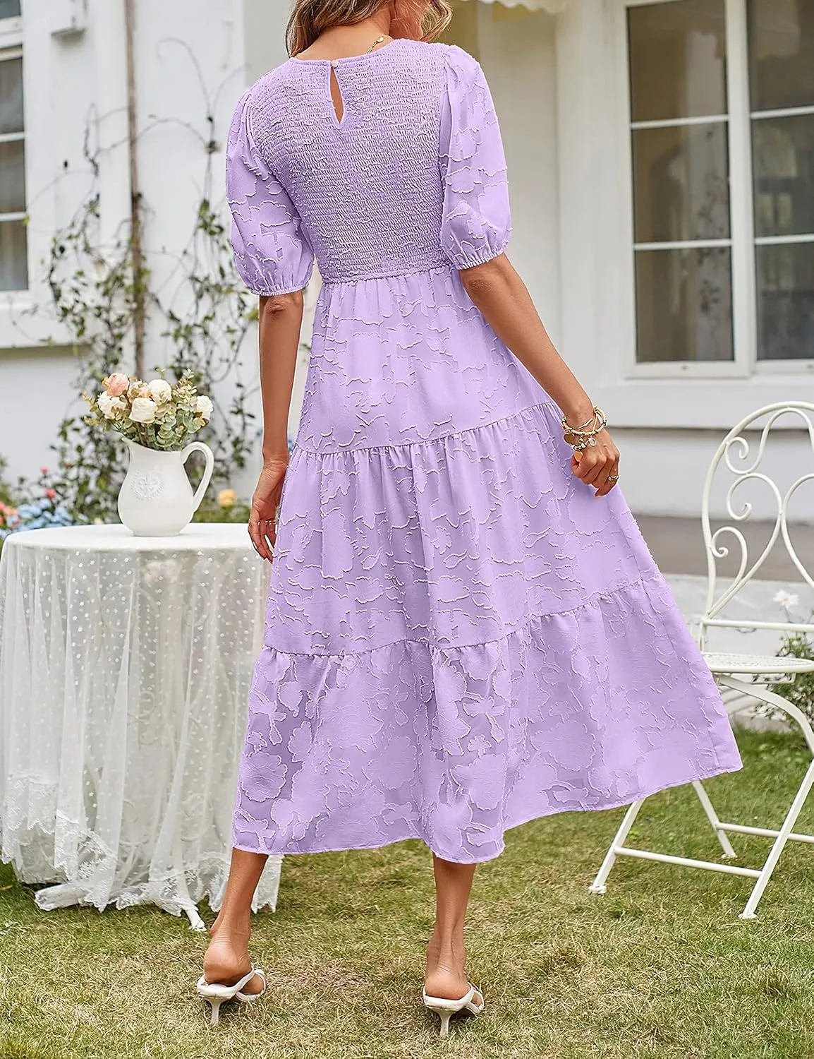 MEROKEETY Women's 2025 Summer Puff Sleeve Smocked Floral Dress Crewneck Lace Flowy Tiered Midi Dresses