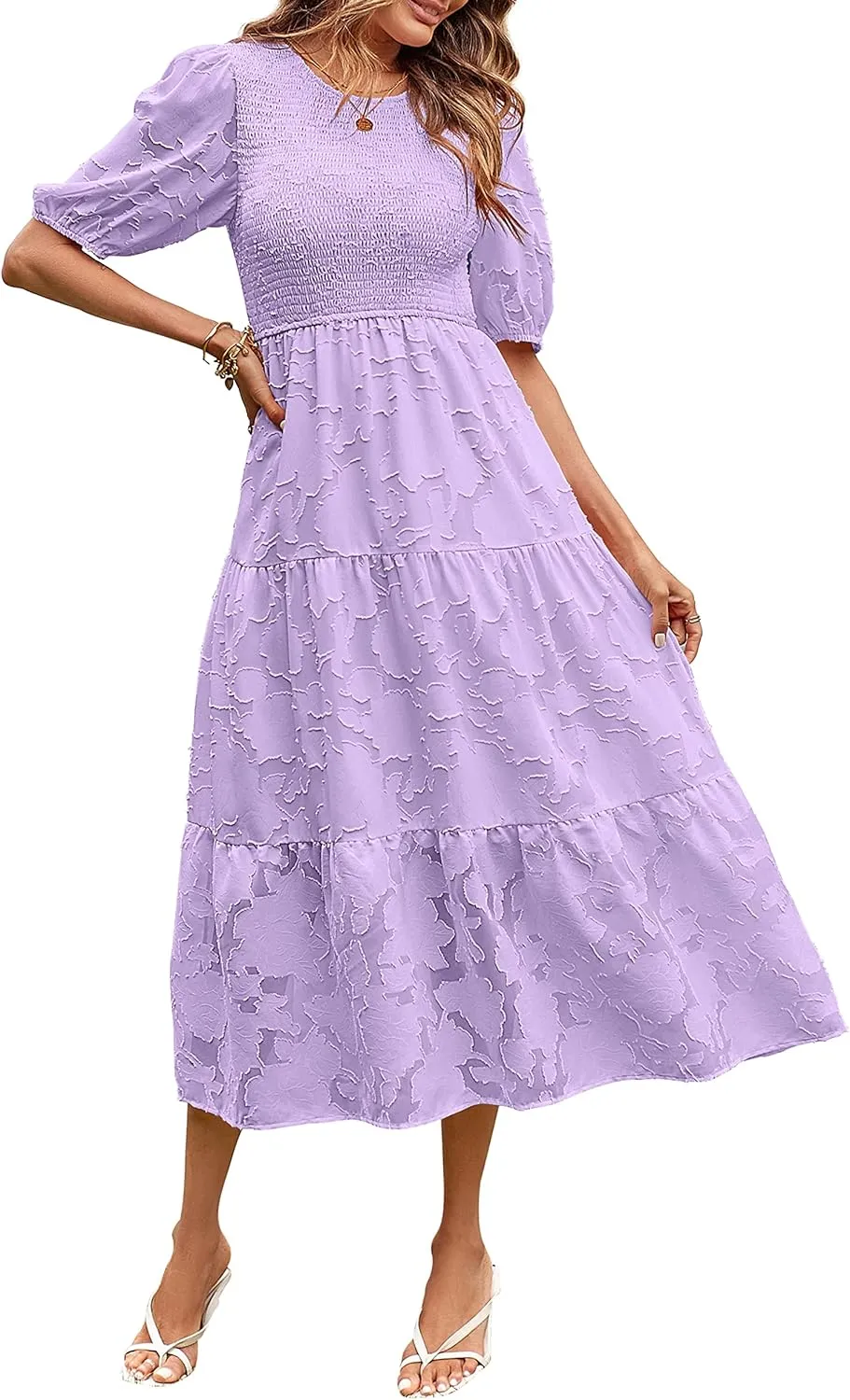 MEROKEETY Women's 2025 Summer Puff Sleeve Smocked Floral Dress Crewneck Lace Flowy Tiered Midi Dresses