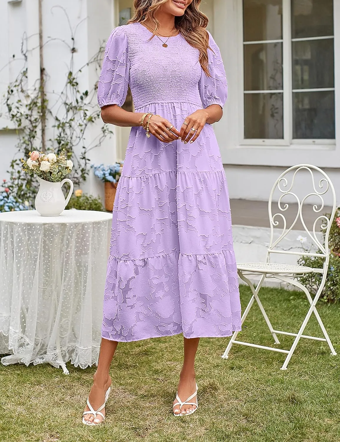 MEROKEETY Women's 2025 Summer Puff Sleeve Smocked Floral Dress Crewneck Lace Flowy Tiered Midi Dresses