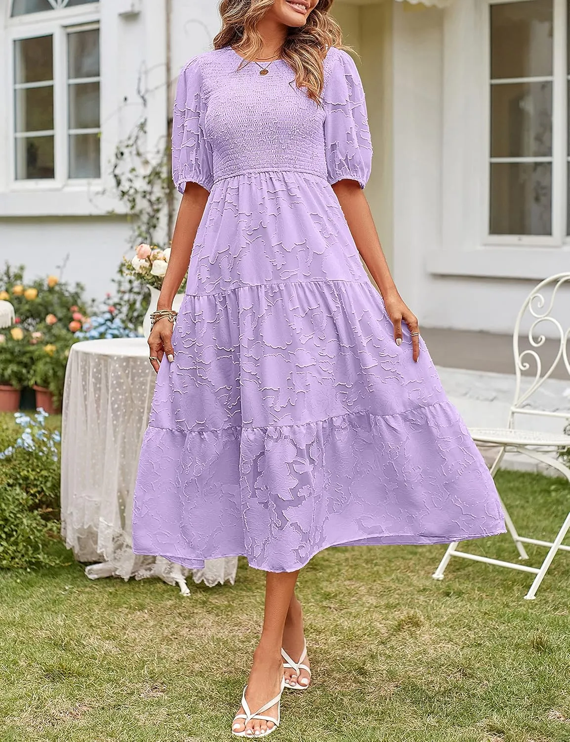 MEROKEETY Women's 2025 Summer Puff Sleeve Smocked Floral Dress Crewneck Lace Flowy Tiered Midi Dresses