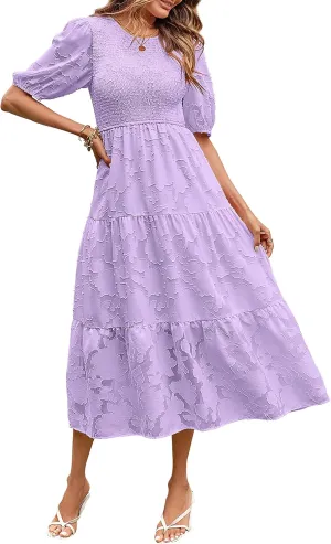 MEROKEETY Women's 2025 Summer Puff Sleeve Smocked Floral Dress Crewneck Lace Flowy Tiered Midi Dresses
