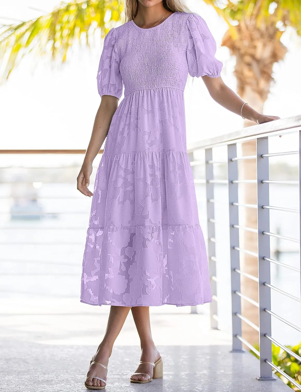 MEROKEETY Women's 2025 Summer Puff Sleeve Smocked Floral Dress Crewneck Lace Flowy Tiered Midi Dresses