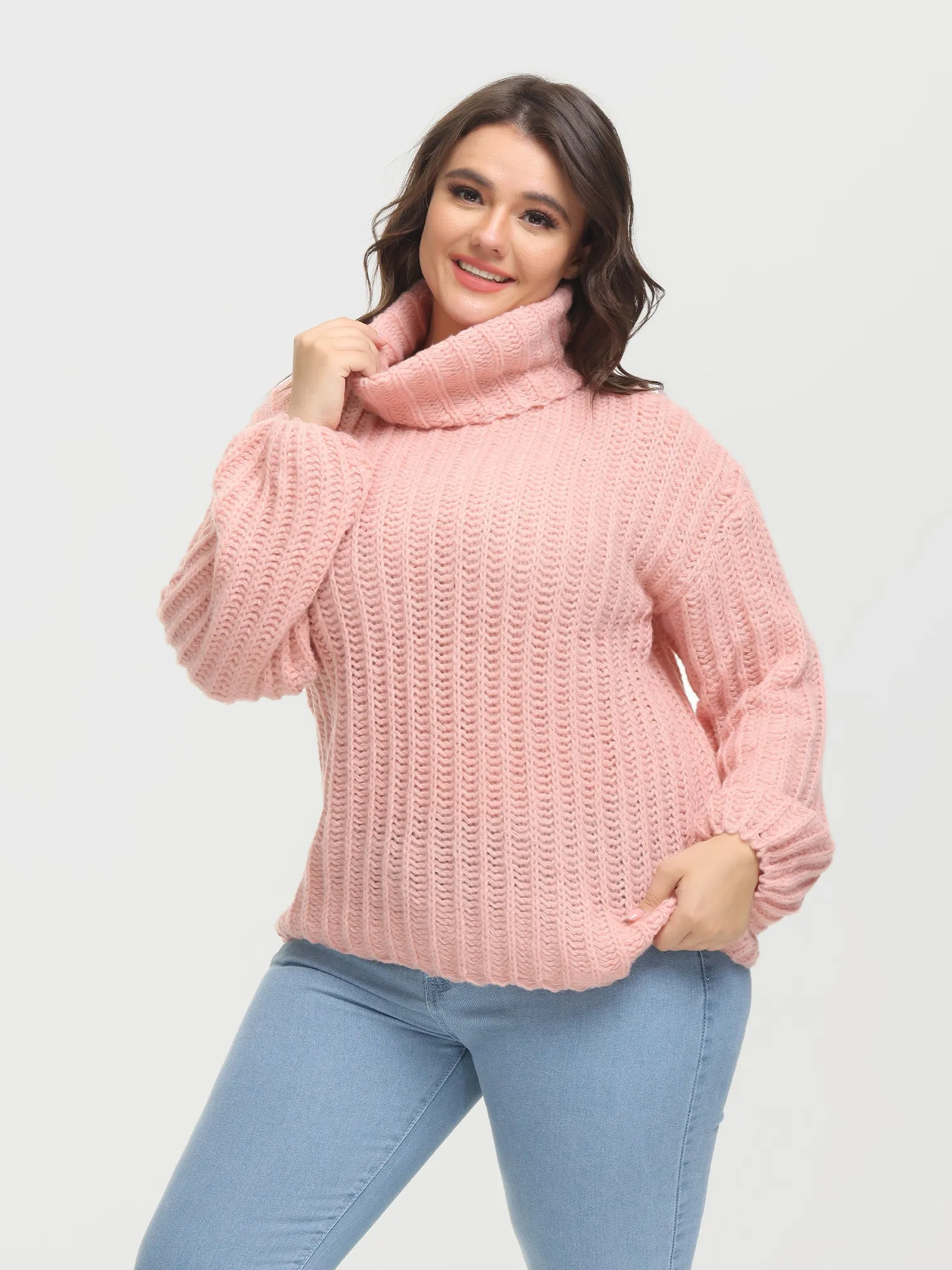 Midsize Puffy Turtleneck Long Sleeve Knit Pullover Sweater