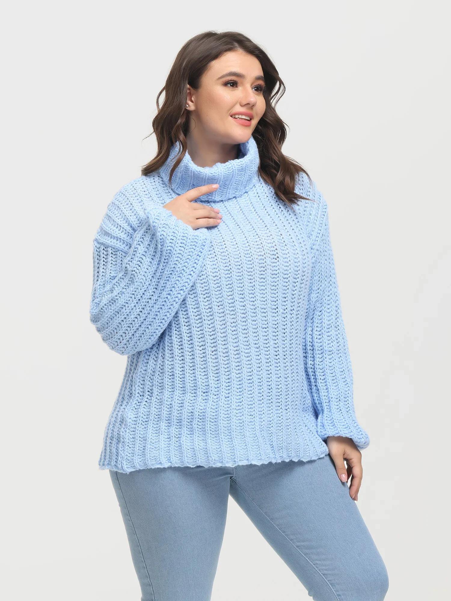 Midsize Puffy Turtleneck Long Sleeve Knit Pullover Sweater
