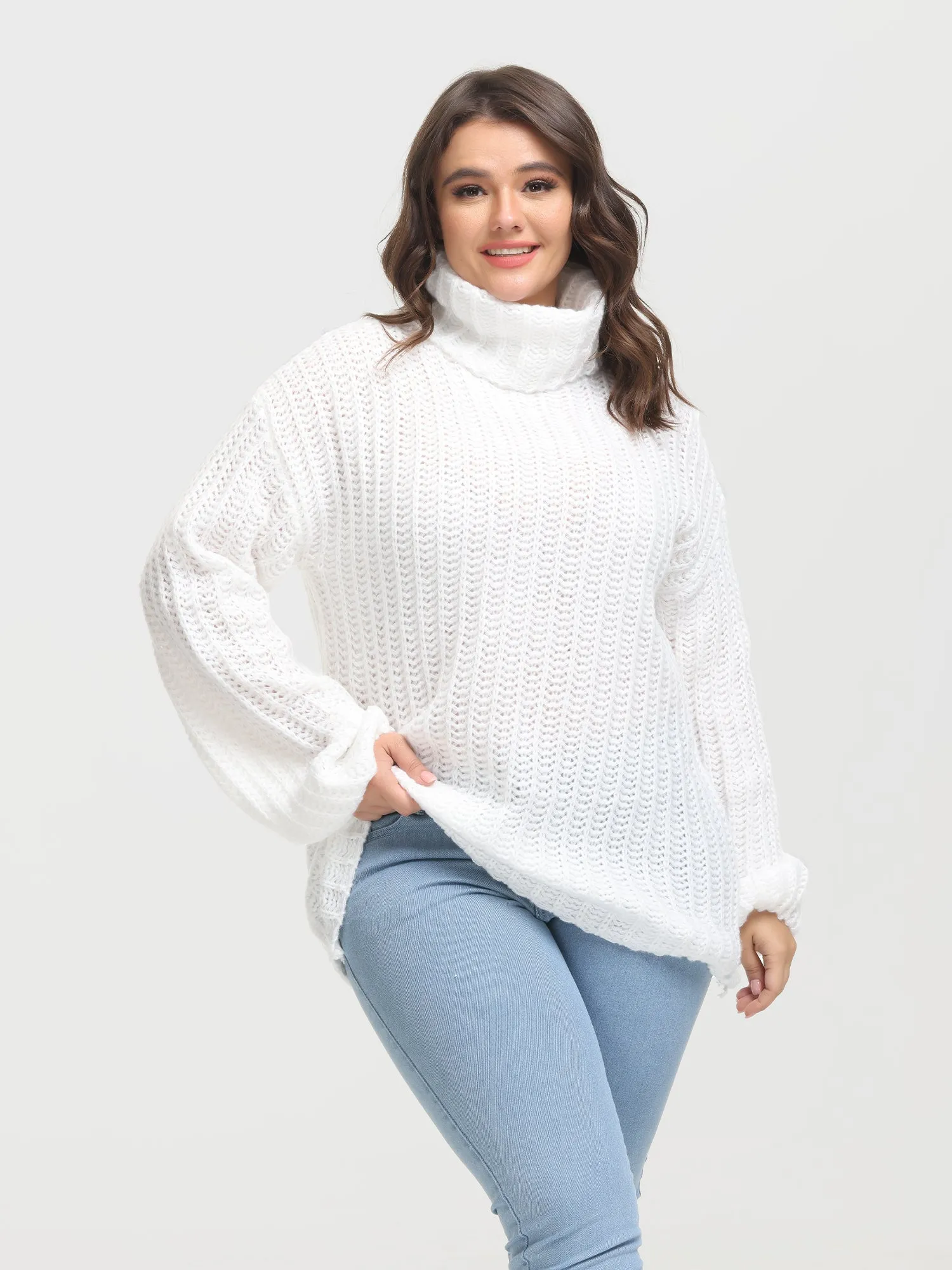 Midsize Puffy Turtleneck Long Sleeve Knit Pullover Sweater