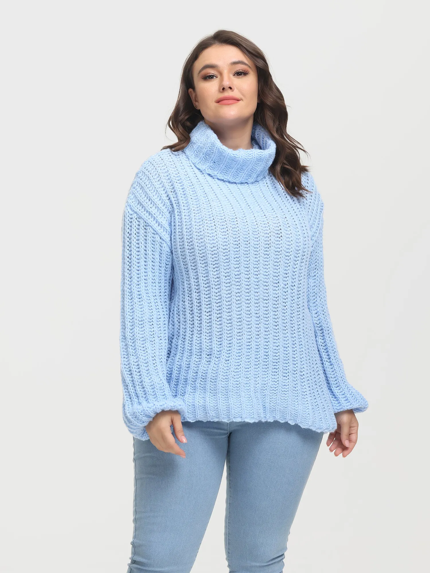 Midsize Puffy Turtleneck Long Sleeve Knit Pullover Sweater