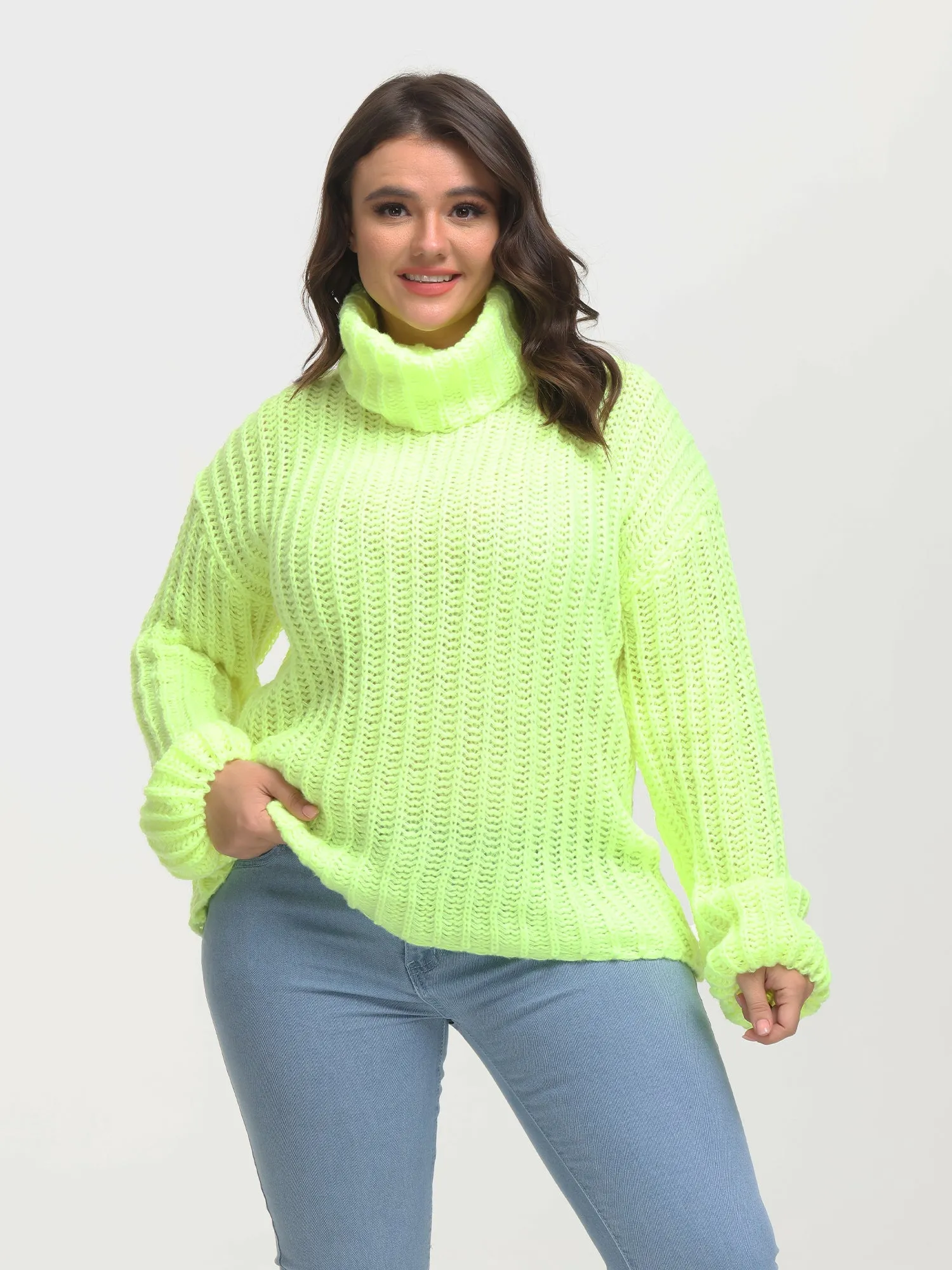Midsize Puffy Turtleneck Long Sleeve Knit Pullover Sweater