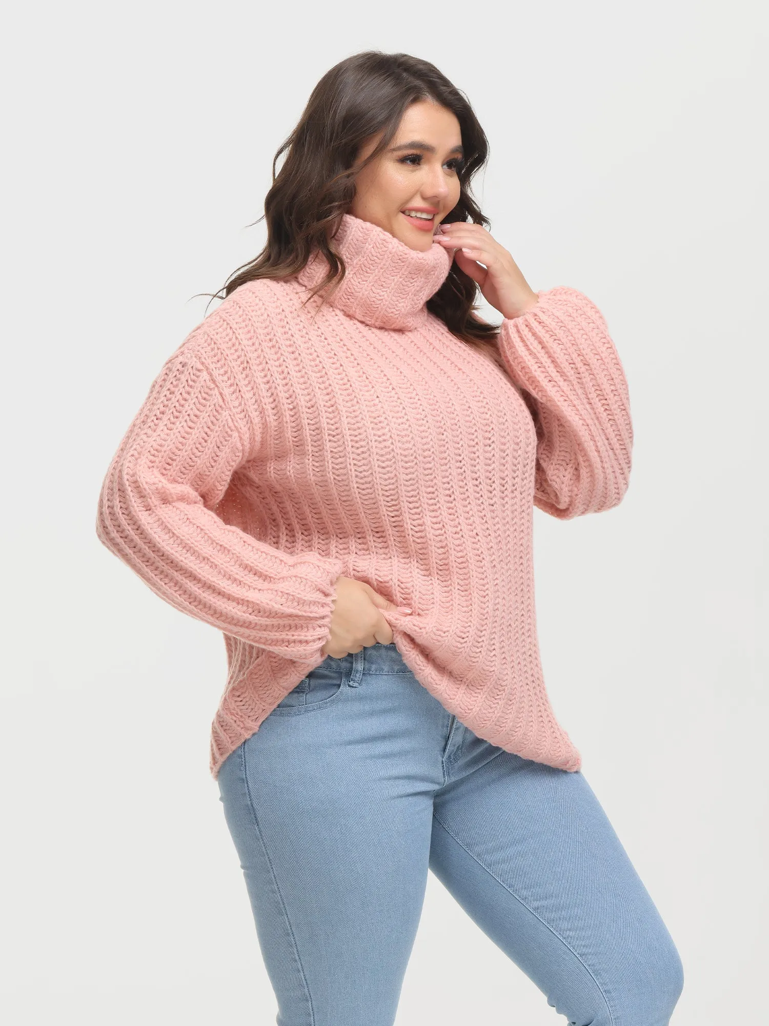 Midsize Puffy Turtleneck Long Sleeve Knit Pullover Sweater