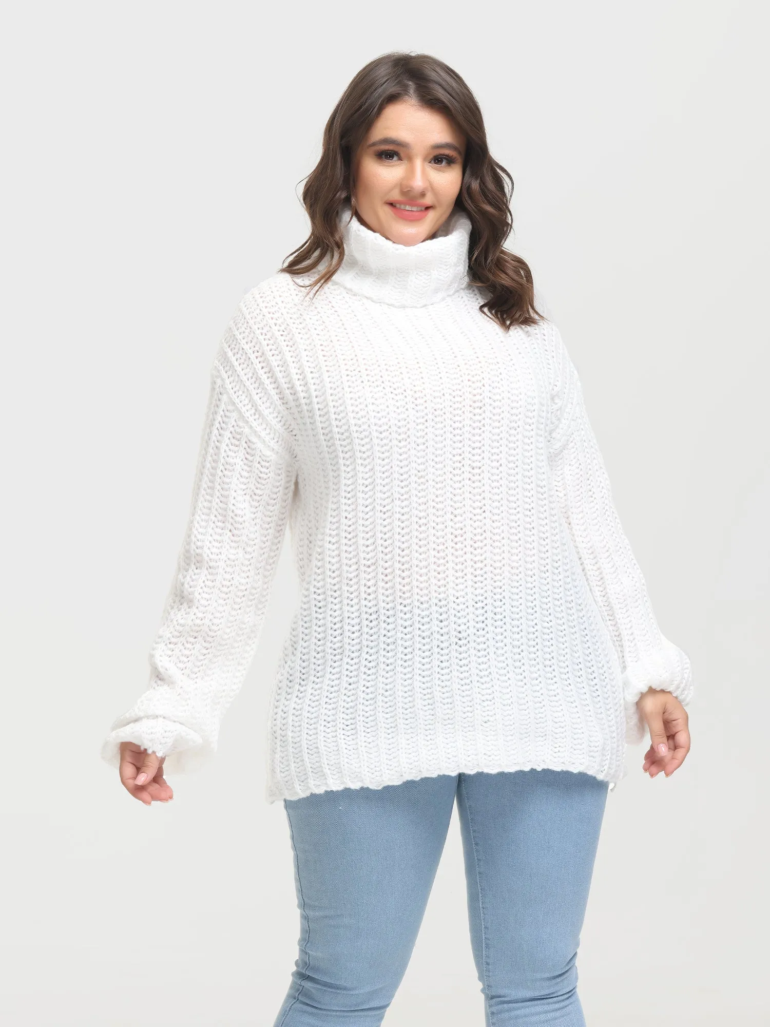 Midsize Puffy Turtleneck Long Sleeve Knit Pullover Sweater