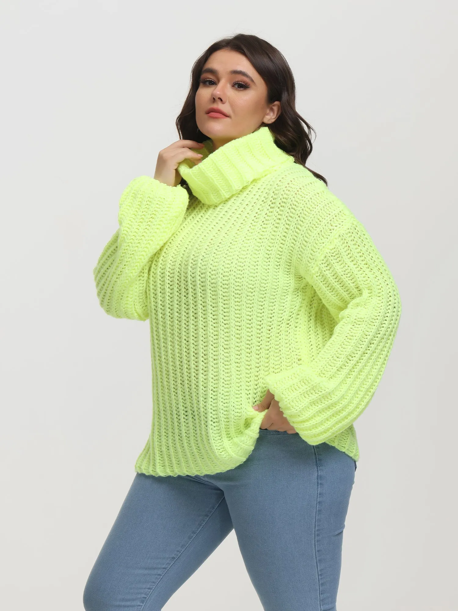 Midsize Puffy Turtleneck Long Sleeve Knit Pullover Sweater