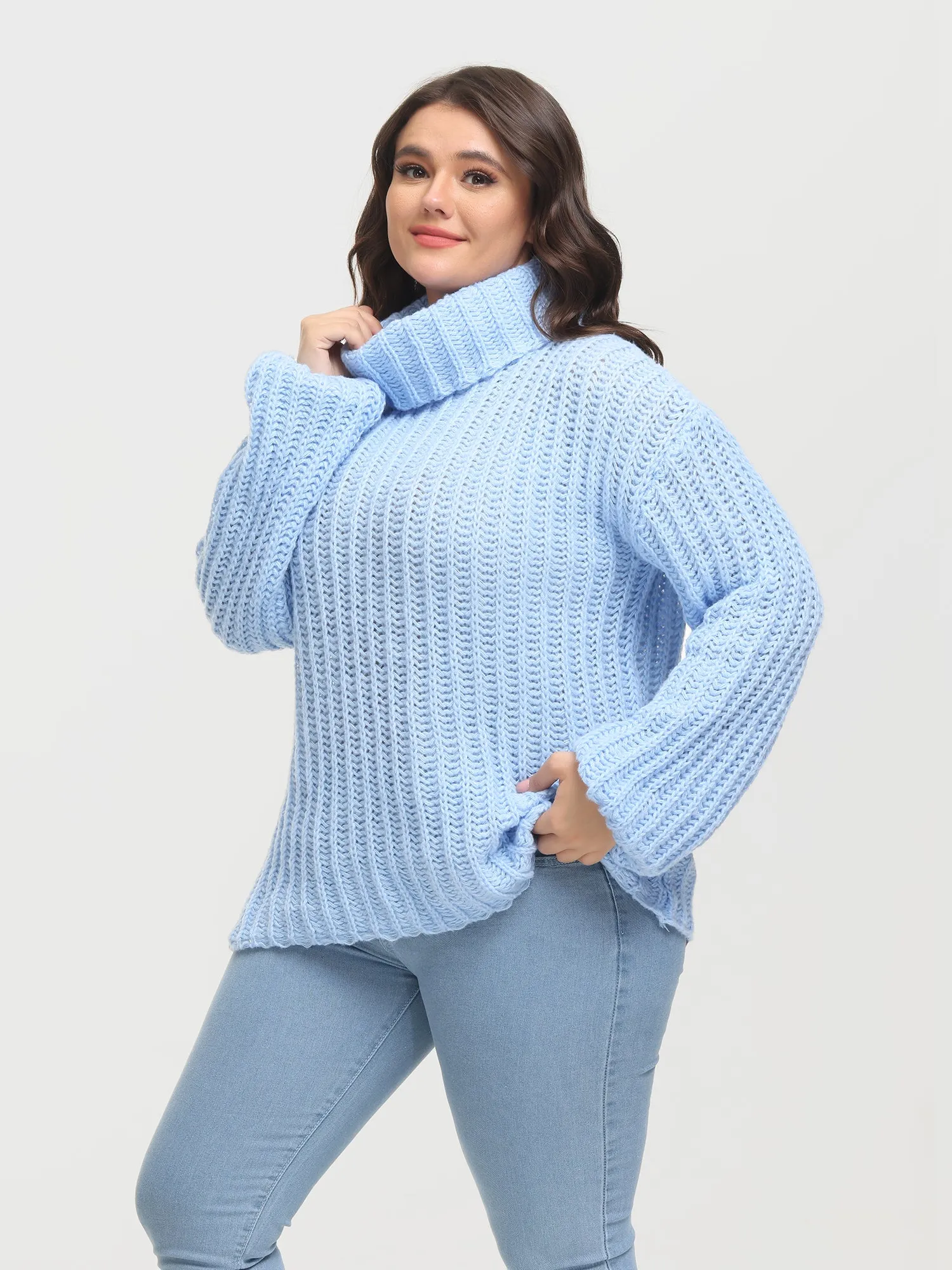 Midsize Puffy Turtleneck Long Sleeve Knit Pullover Sweater