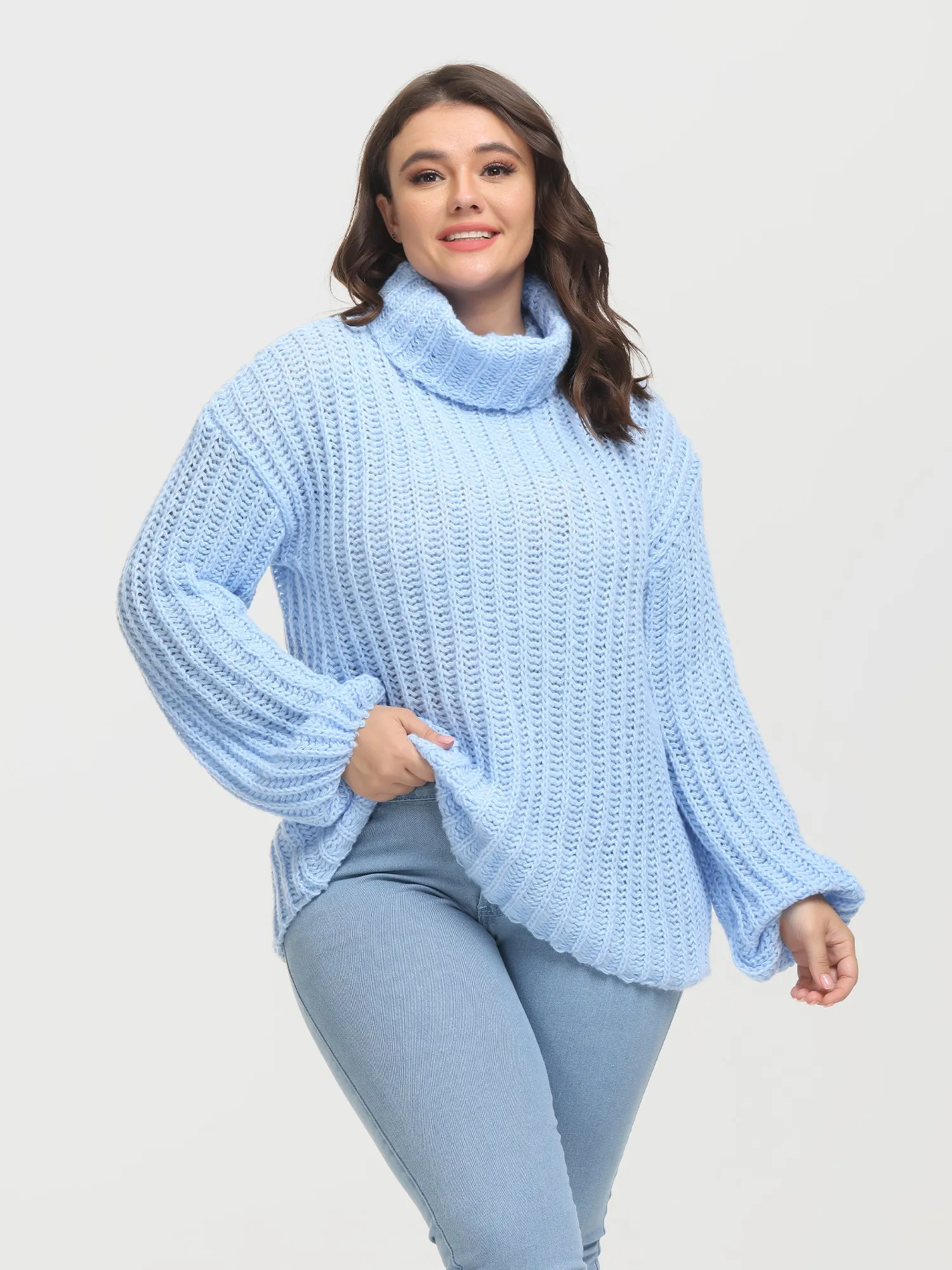 Midsize Puffy Turtleneck Long Sleeve Knit Pullover Sweater