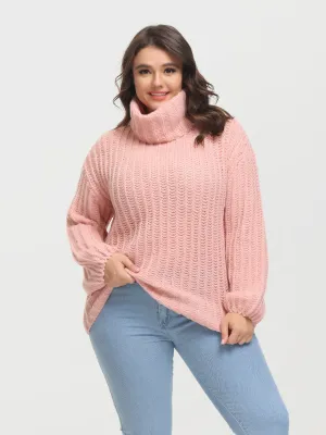 Midsize Puffy Turtleneck Long Sleeve Knit Pullover Sweater