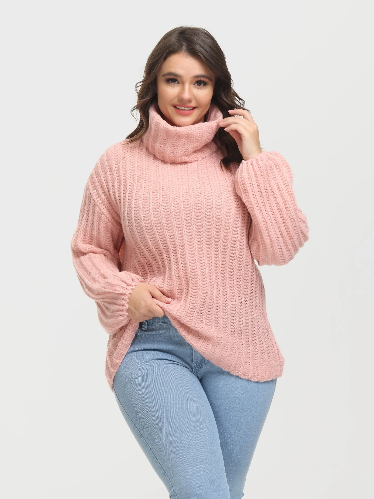 Midsize Puffy Turtleneck Long Sleeve Knit Pullover Sweater