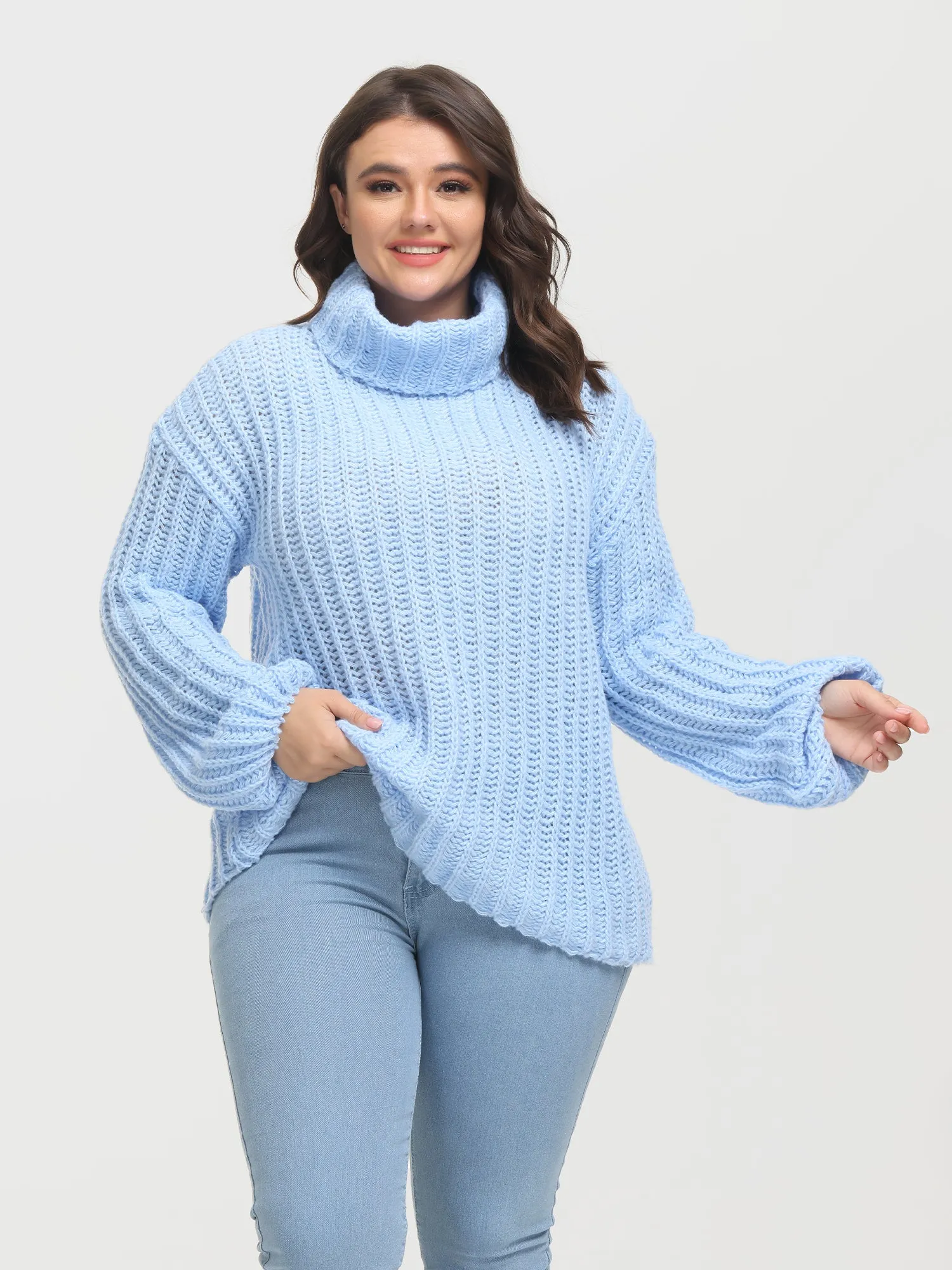 Midsize Puffy Turtleneck Long Sleeve Knit Pullover Sweater