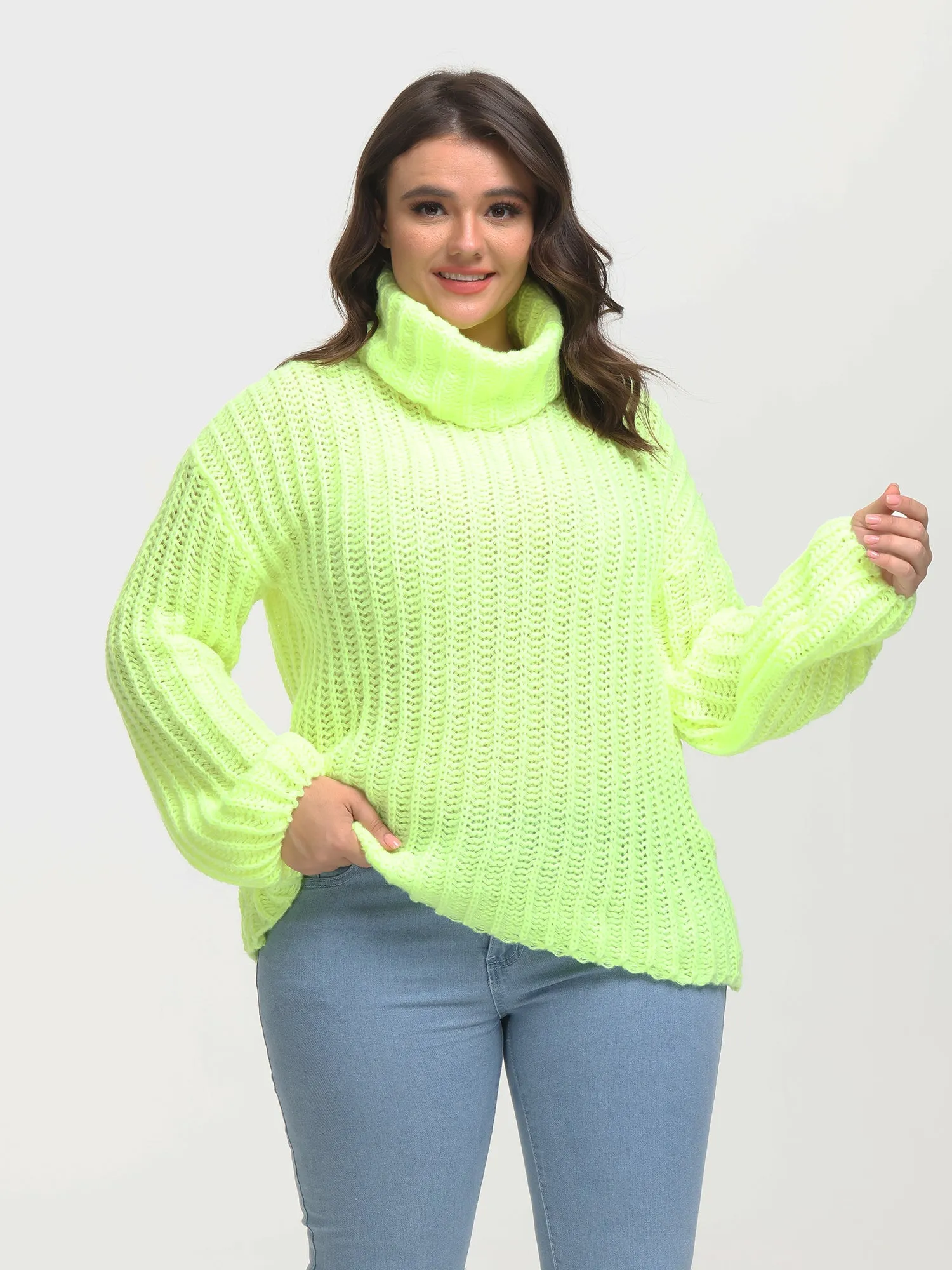 Midsize Puffy Turtleneck Long Sleeve Knit Pullover Sweater