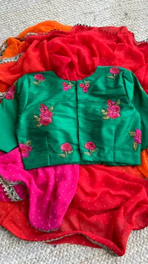 Multi chiffon designer saree with green handwork blouse