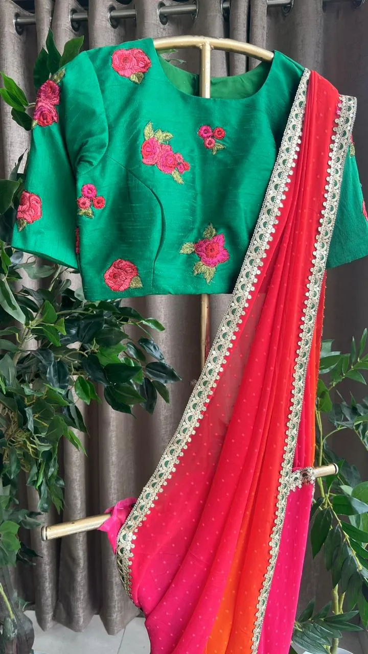 Multi chiffon designer saree with green handwork blouse
