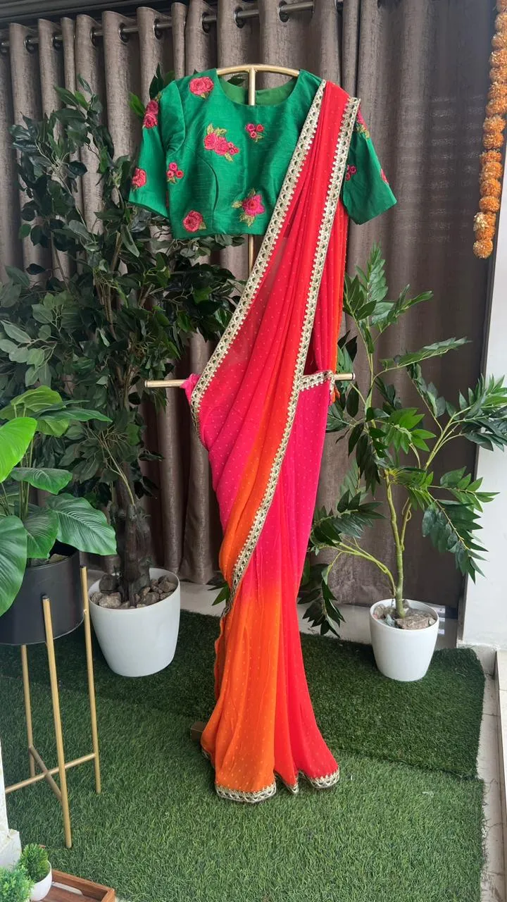 Multi chiffon designer saree with green handwork blouse