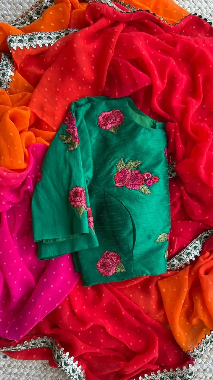 Multi chiffon designer saree with green handwork blouse