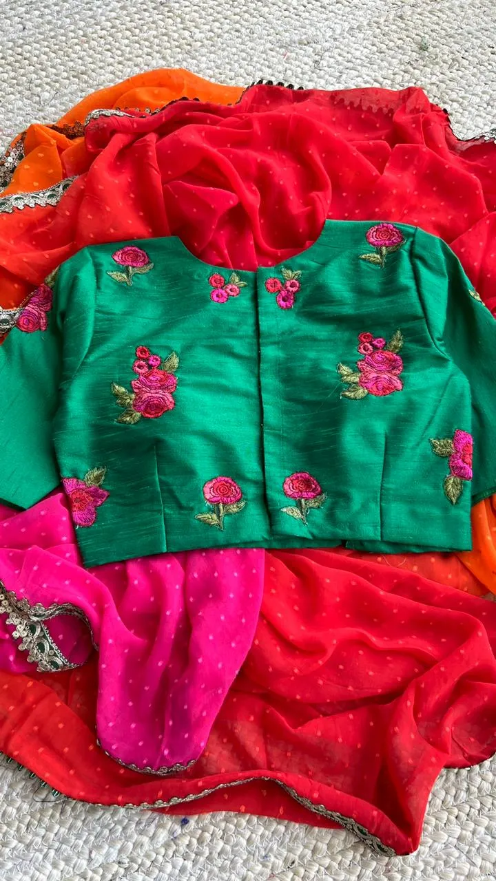Multi chiffon designer saree with green handwork blouse