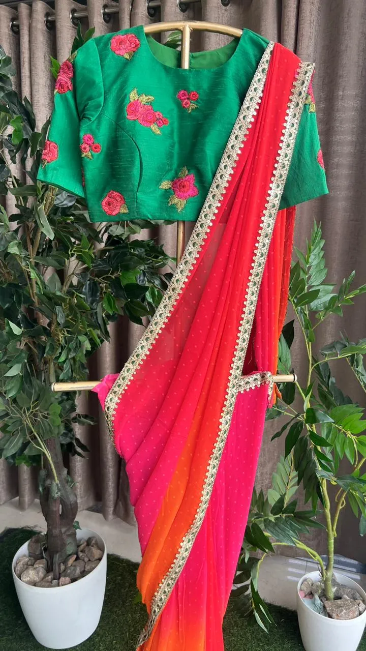 Multi chiffon designer saree with green handwork blouse