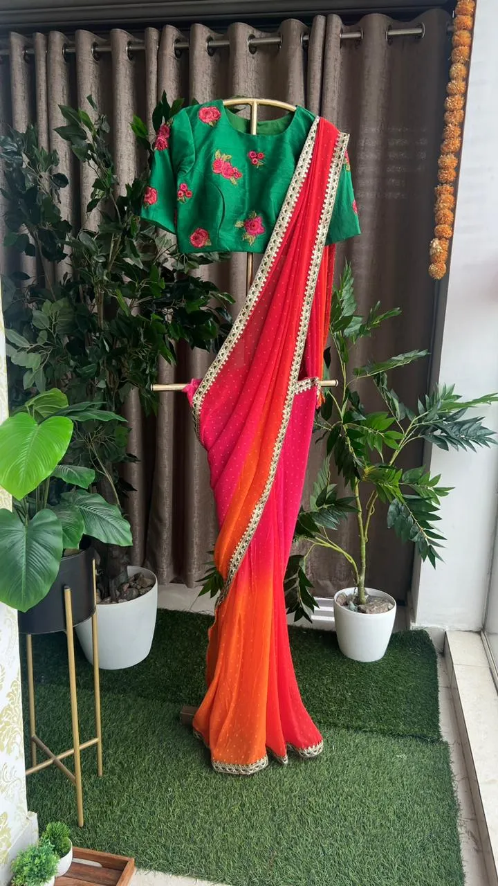 Multi chiffon designer saree with green handwork blouse
