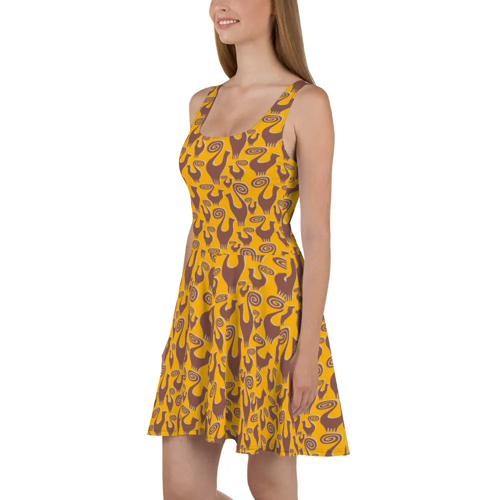 Mustard Snooty Cats Scatter designer Skater Dress by John A. Conroy