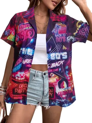 MYHALF 80s Outfit for Women 80'S Neon Shirts 80s 90s Themed Party Outfits Retro Button Down Short Sleeve Clothes Top