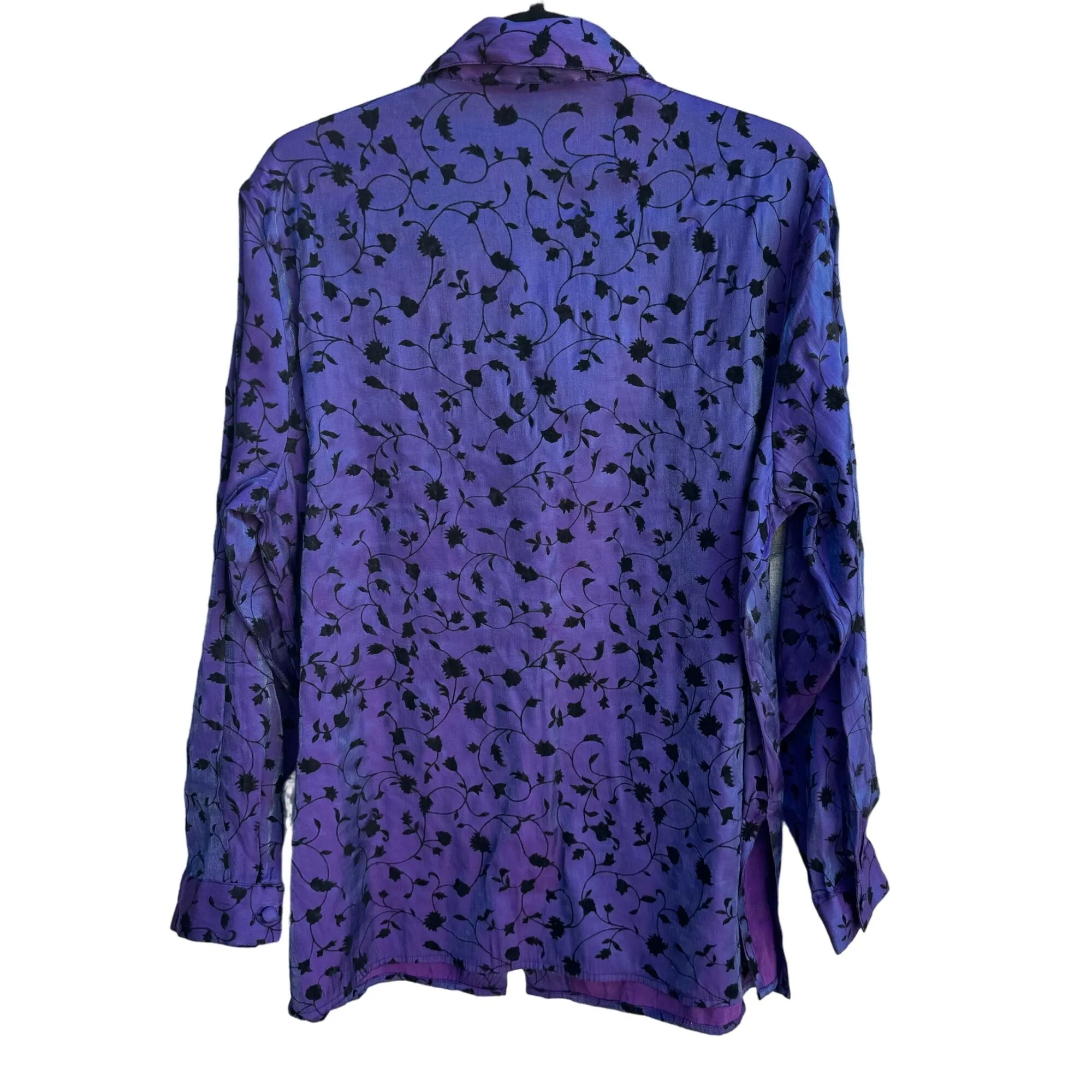 Notations Vintage Womens Irridescent Purple Black Velvet Floral Button-Up Blouse